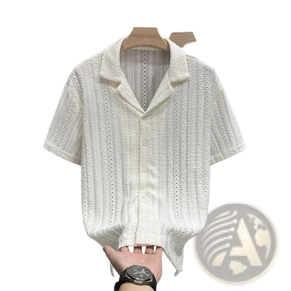 Men Cuban collar short sleeve shirt in white with textured eyelet-patterned fabric and classic collar design