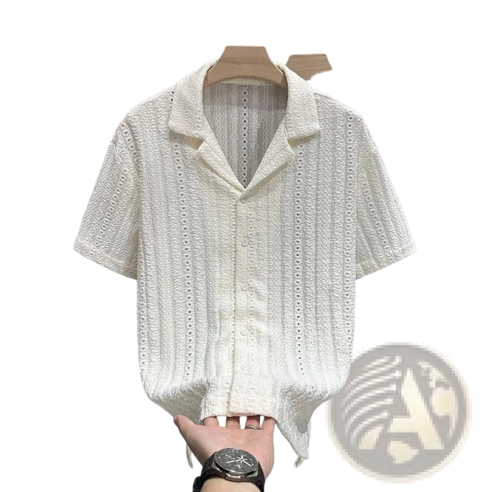 Men Cuban collar short sleeve shirt in white with textured eyelet-patterned fabric and classic collar design