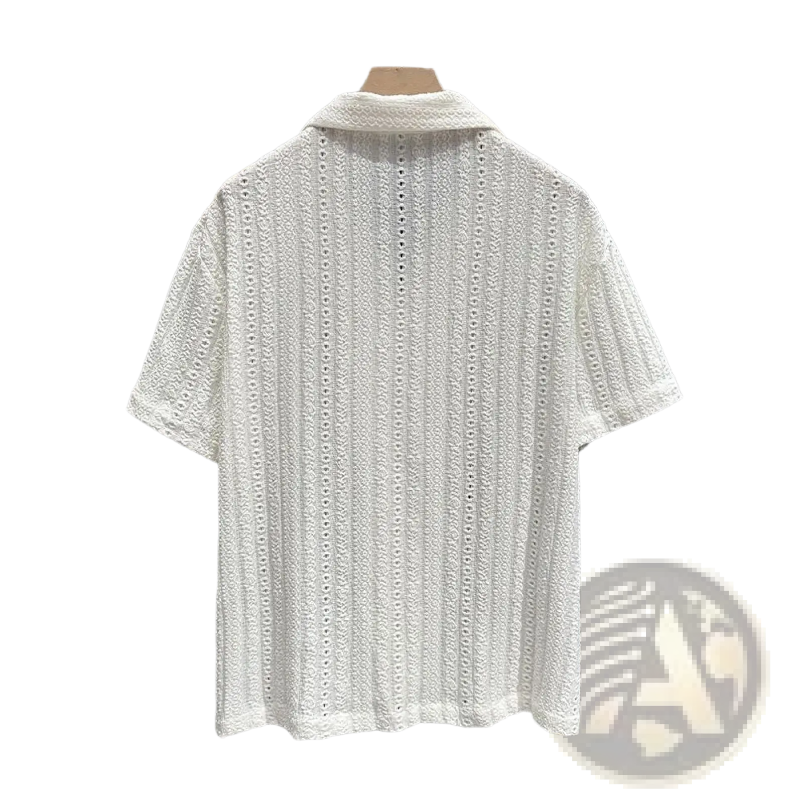 White men Cuban collar short sleeve shirt with textured eyelet lace pattern and classic collar design