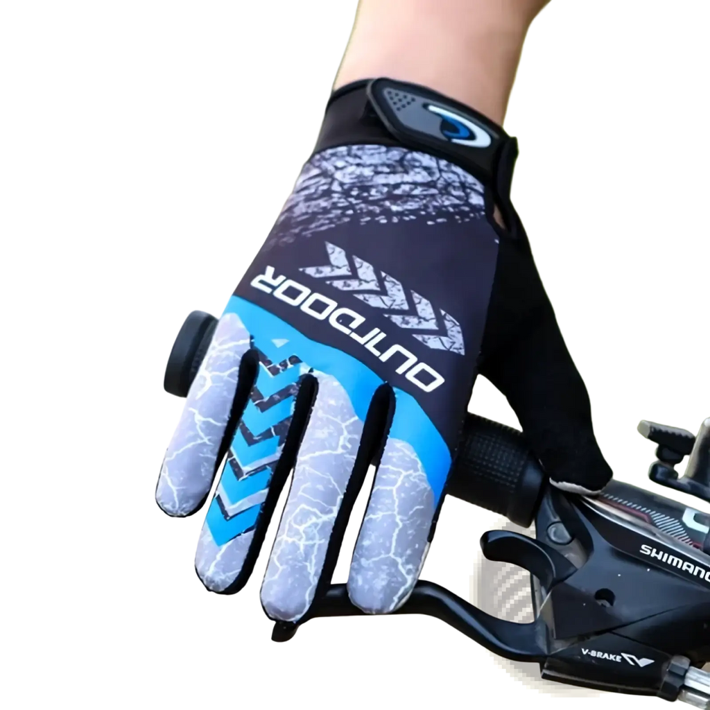 Back side of black and blue breathable men cycling glove with gray crackle pattern and outdoor brand name in white