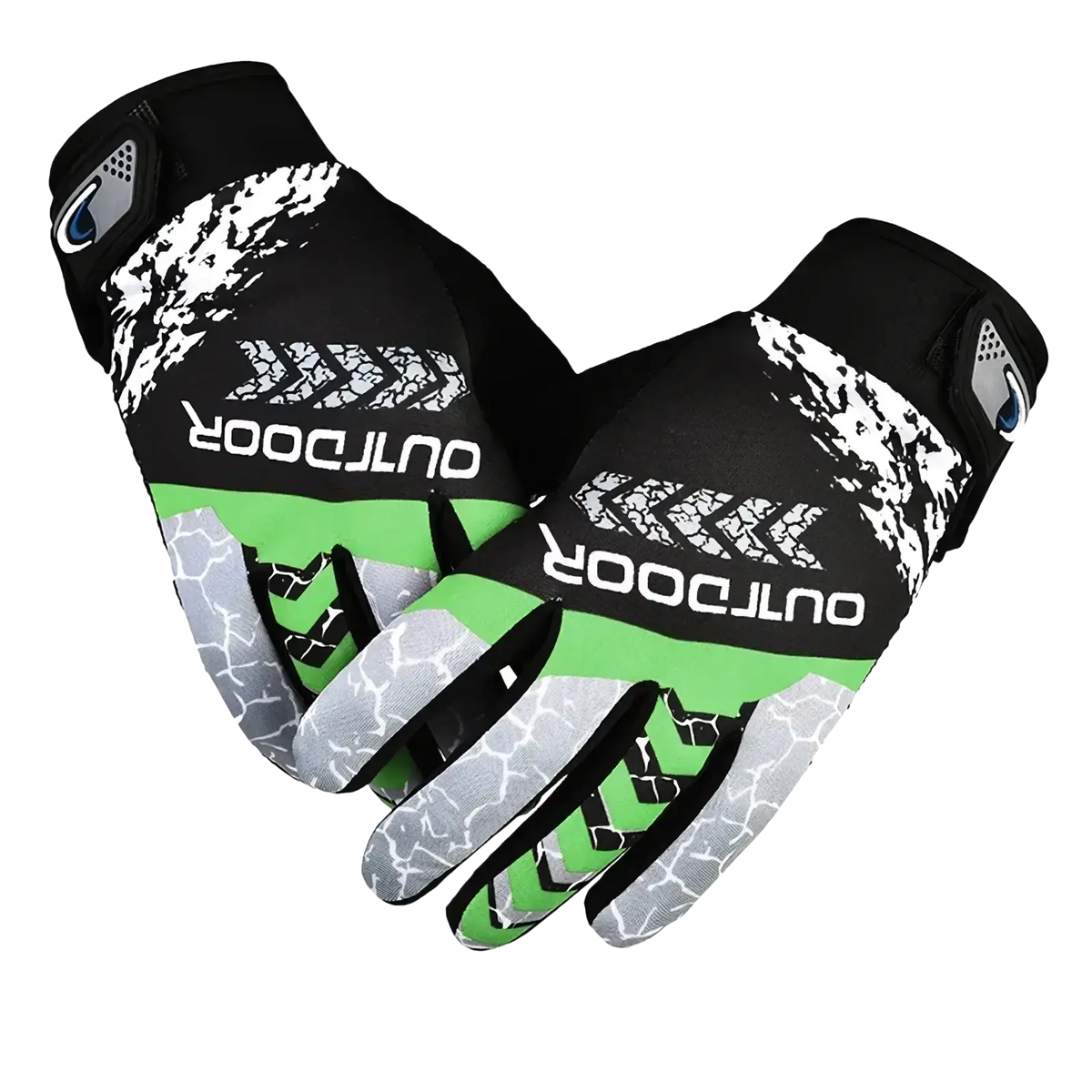 Men cycling gloves in black green and gray with textured grip and outdoor brand on back for breathable wrist fit outdoor sports