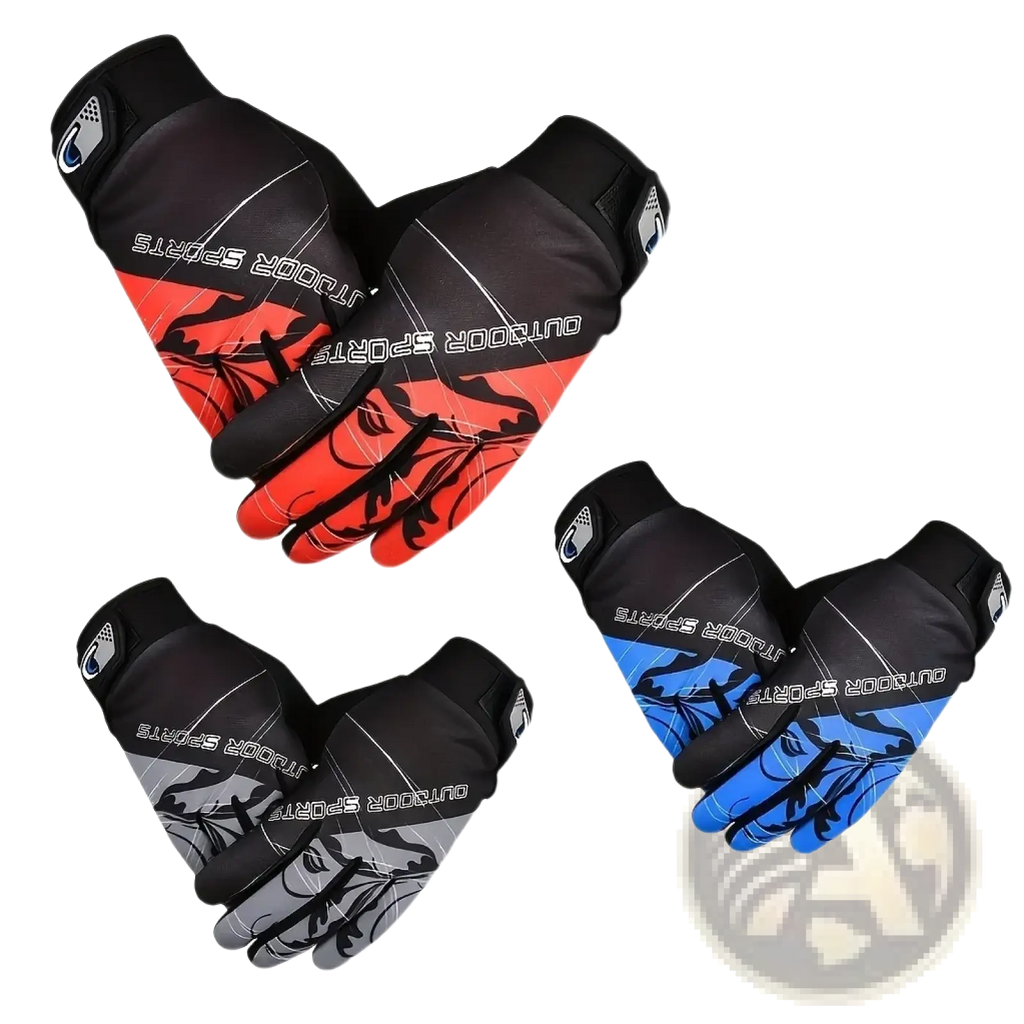 Men cycling gloves breathable outdoor sports wrist fit in black red blue and gray with flame palm designs shown from back side