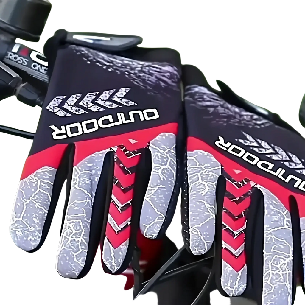 Men cycling gloves breathable outdoor sports wrist fit back side in black red and gray with cracked concrete pattern design