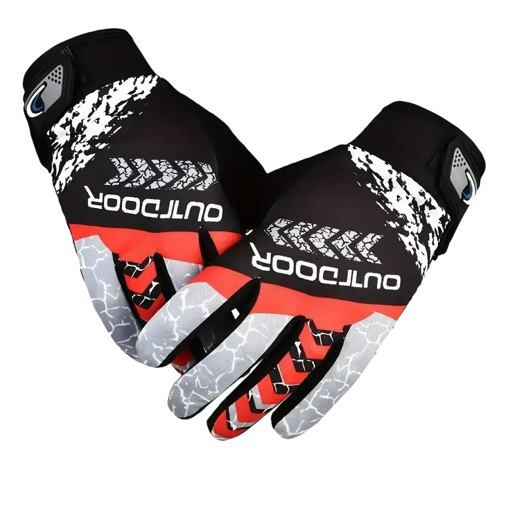 Black red and gray breathable men cycling gloves with cracked texture outdoor sports design and wrist fit shown from back side