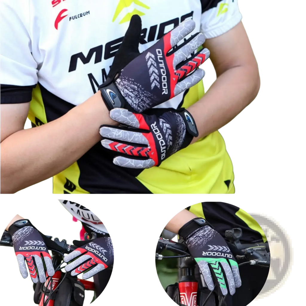 Men cycling gloves breathable outdoor sports wrist fit in black red and gray with textured grip design on back side
