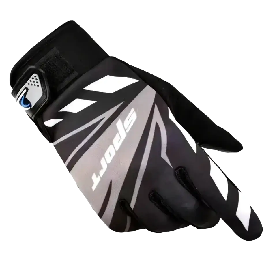 Back view of black and white men cycling gloves with gray accents and bold j-sport logo designed for wrist fit outdoor sports