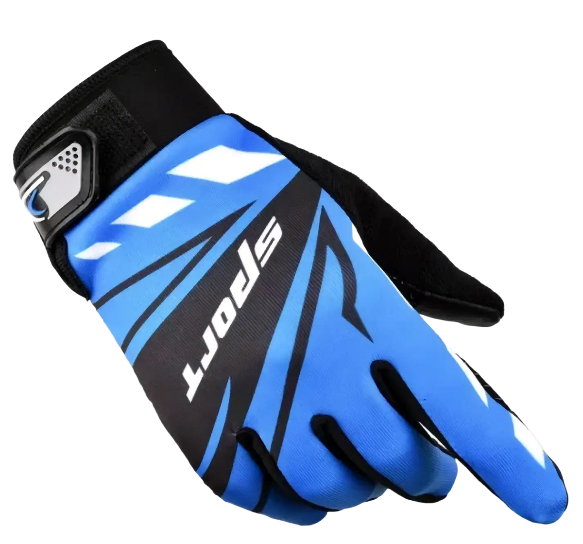 Back side of men cycling gloves in blue and black with breathable fabric and textured grip for outdoor sports wrist fit