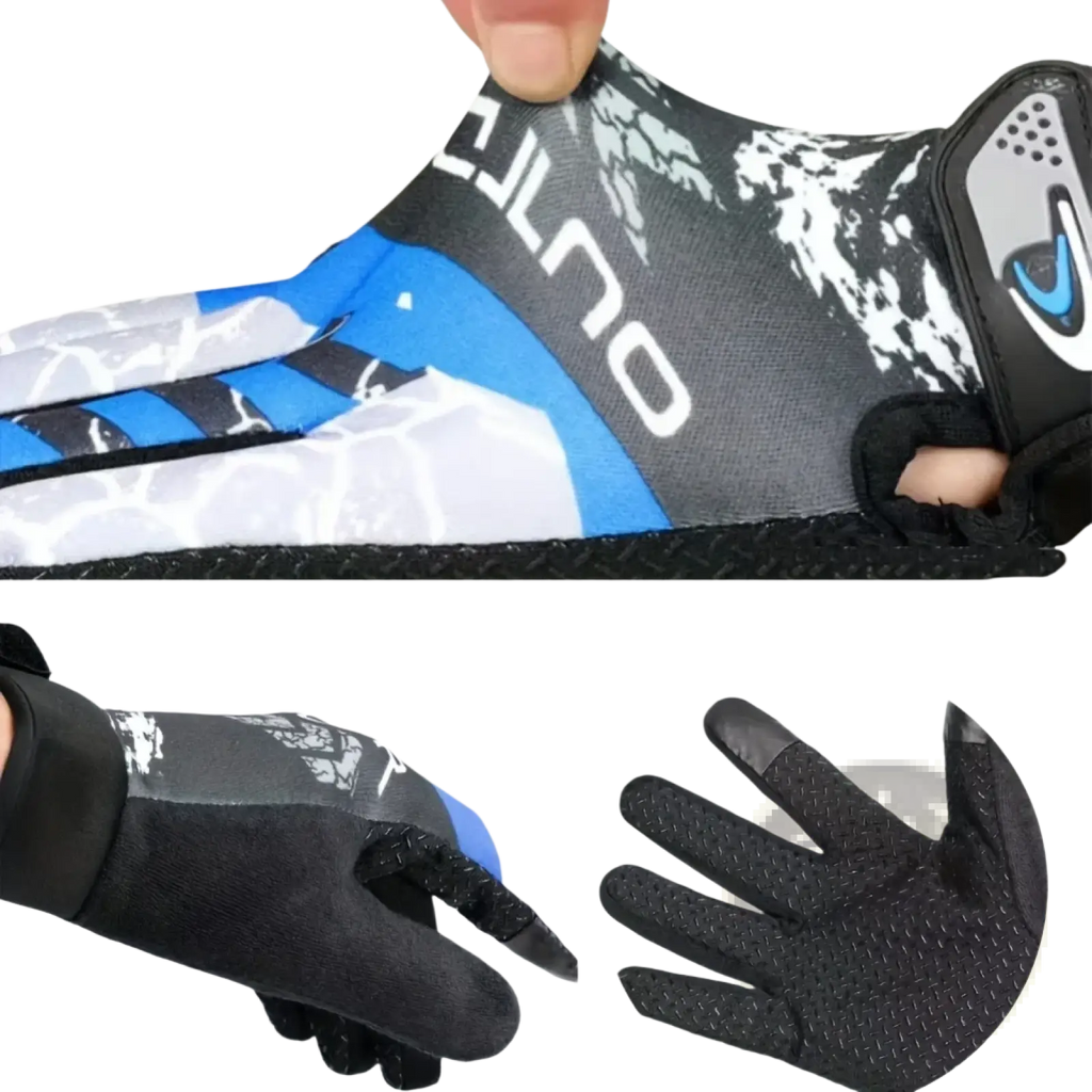 Blue and black breathable men cycling gloves with textured grip on fingers for outdoor sports wrist fit, back side view