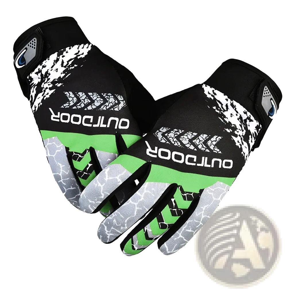 Men cycling gloves breathable outdoor sports wrist fit in black green and gray showing the back with outdoor logo