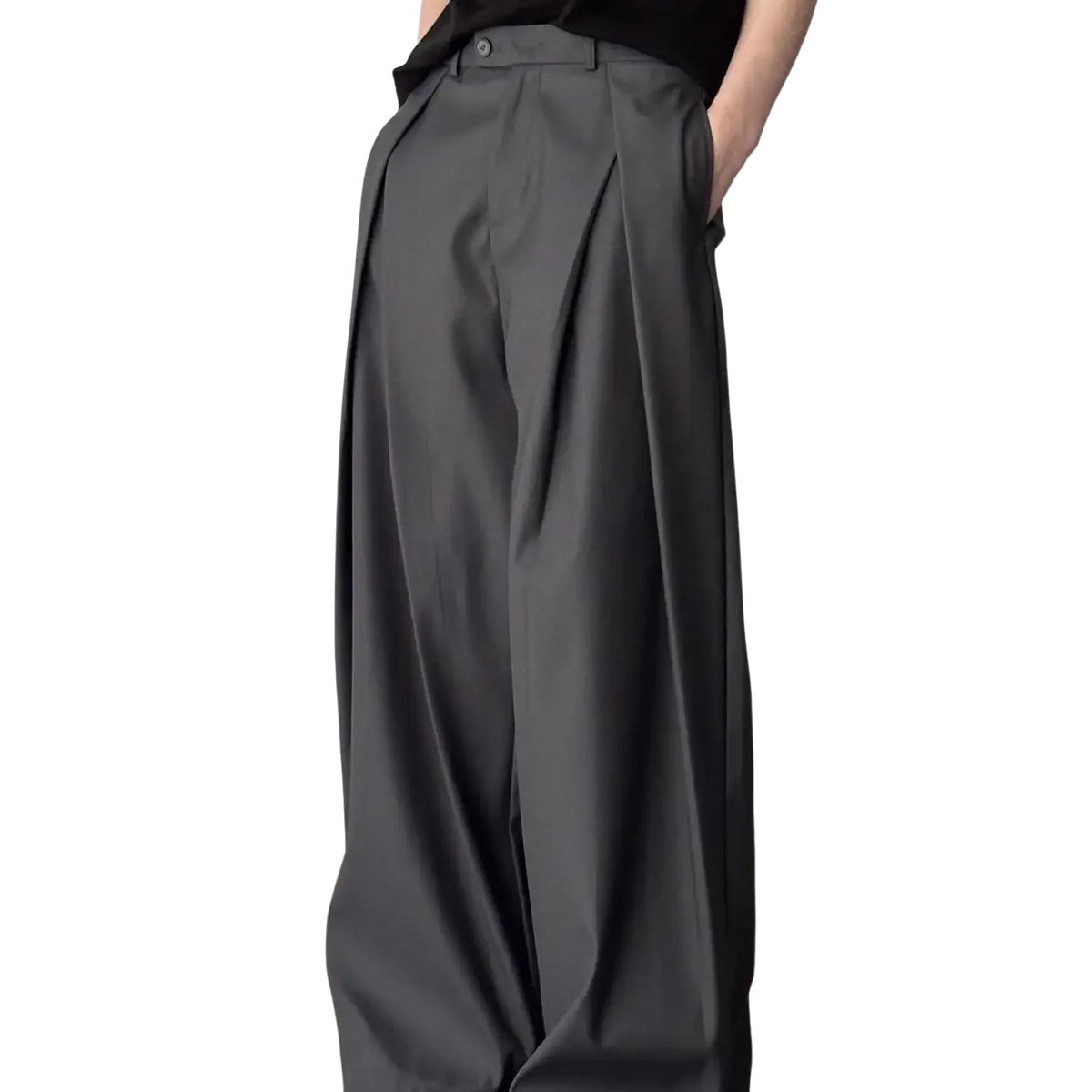 Men dark gray pleated wide leg suit pants with a sleek tailored design and subtle waist pleats in a formal style