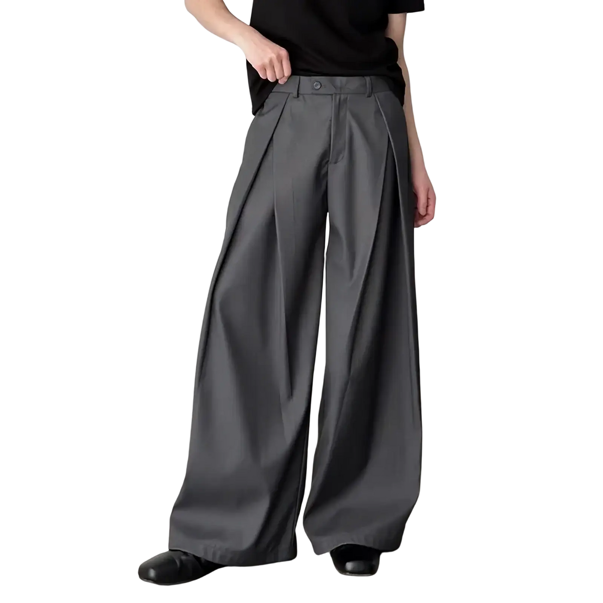 Men dark gray pleated wide-leg suit pants with structured design and button closure for formal wear