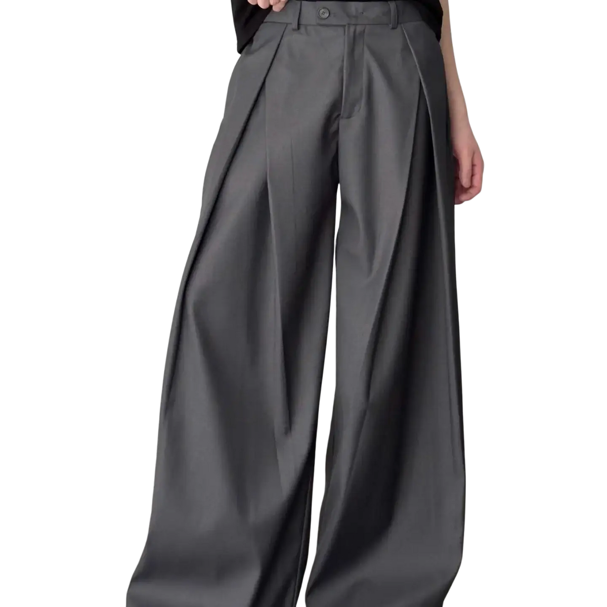 Men dark gray pleated wide leg suit pants featuring gray pleated wide-leg trousers with a sleek tailored fit