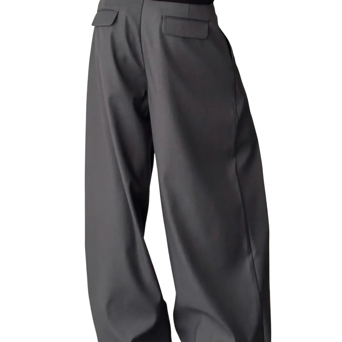 Men dark gray pleated wide leg suit pants shown from the back with a sleek tailored fit and subtle pleats