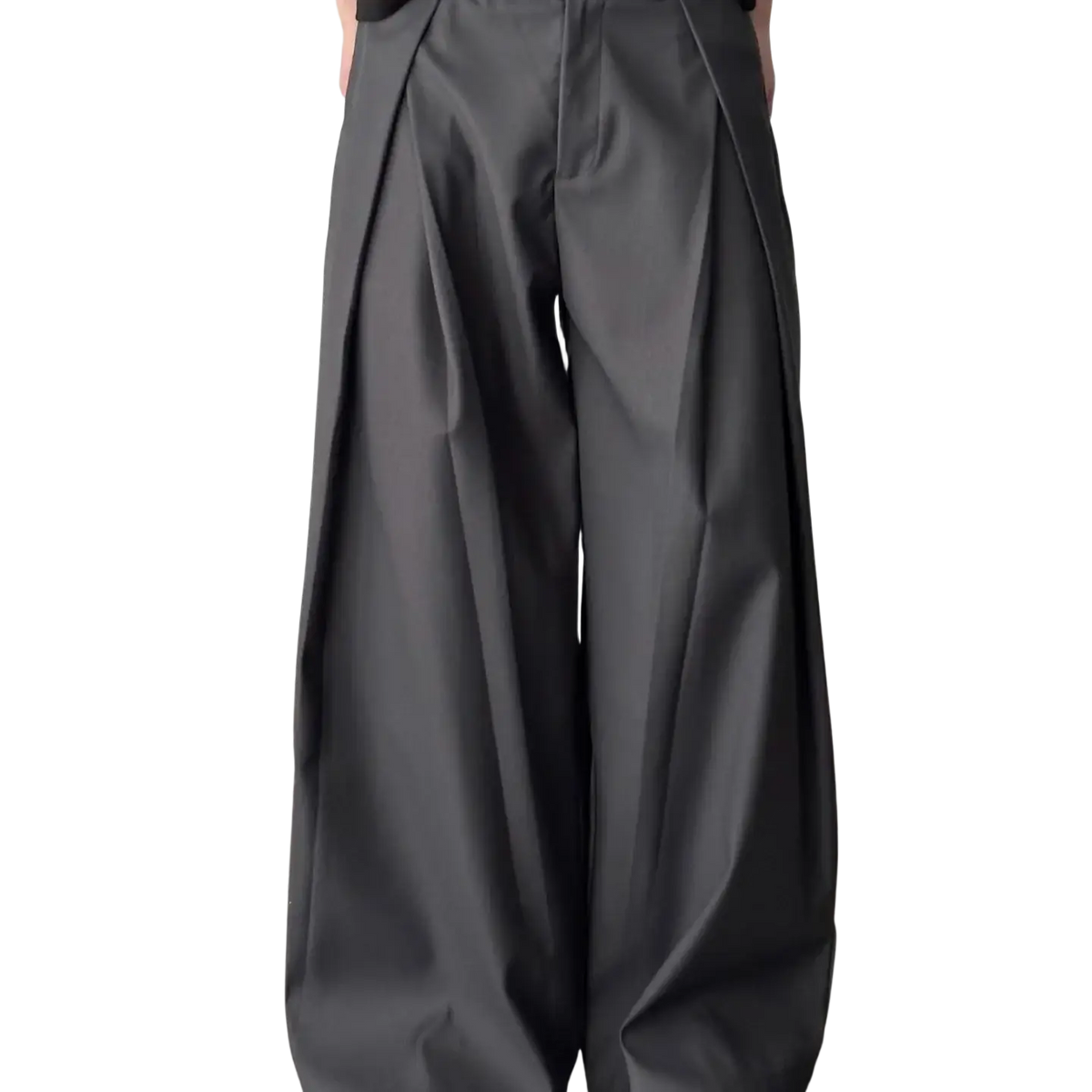 Men dark gray pleated wide leg suit pants with high-waisted structured design and subtle waist pleats
