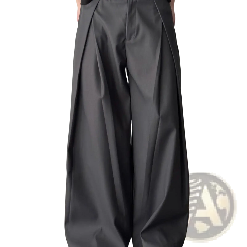 Men dark gray pleated wide leg suit pants with high-waisted structured design and subtle waist pleats
