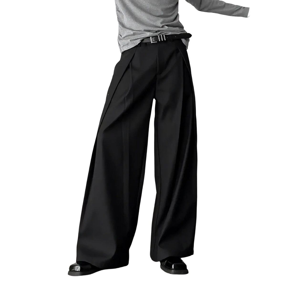 Men dark gray pleated wide leg suit pants with sleek tailored fit and subtle waist pleats in black fabric