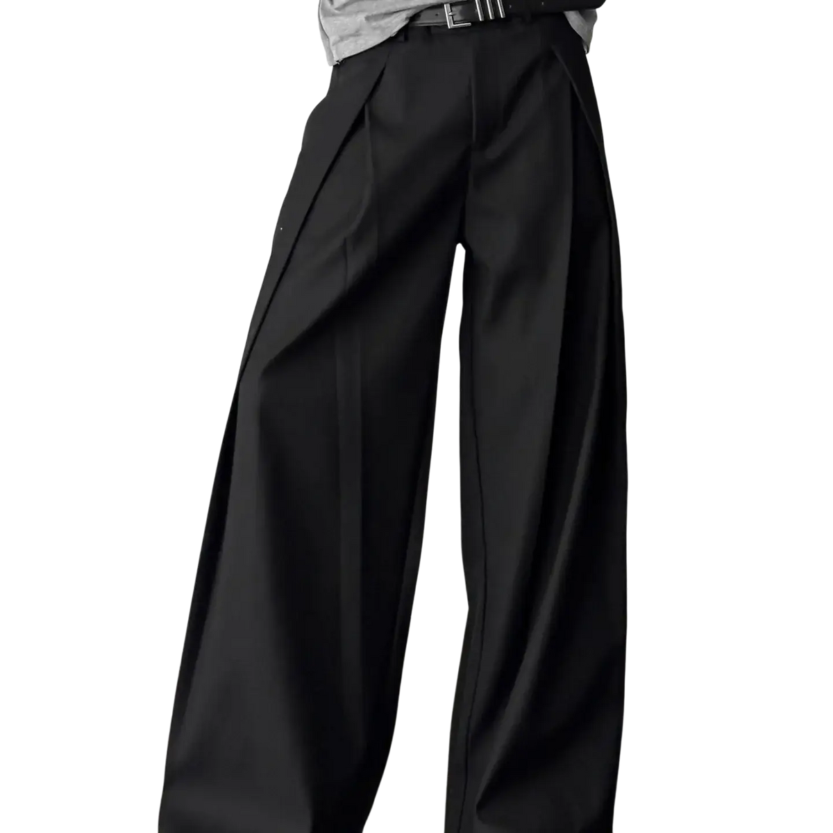 Men dark gray pleated wide leg suit pants featuring black tailored wide-leg trousers with subtle waist pleats