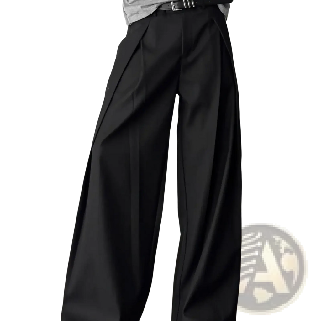 Men dark gray pleated wide leg suit pants featuring black tailored wide-leg trousers with subtle waist pleats