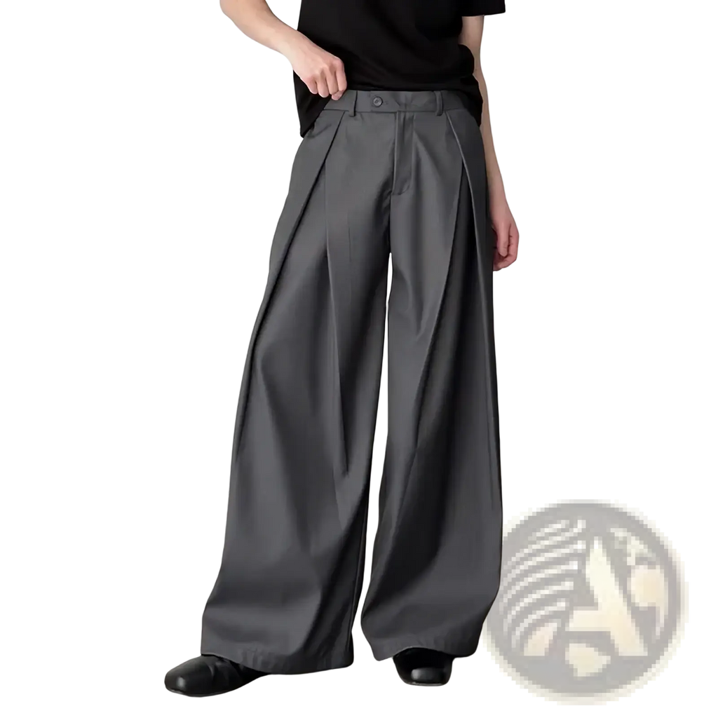 Men dark gray pleated wide-leg suit pants with structured design and button closure for formal wear