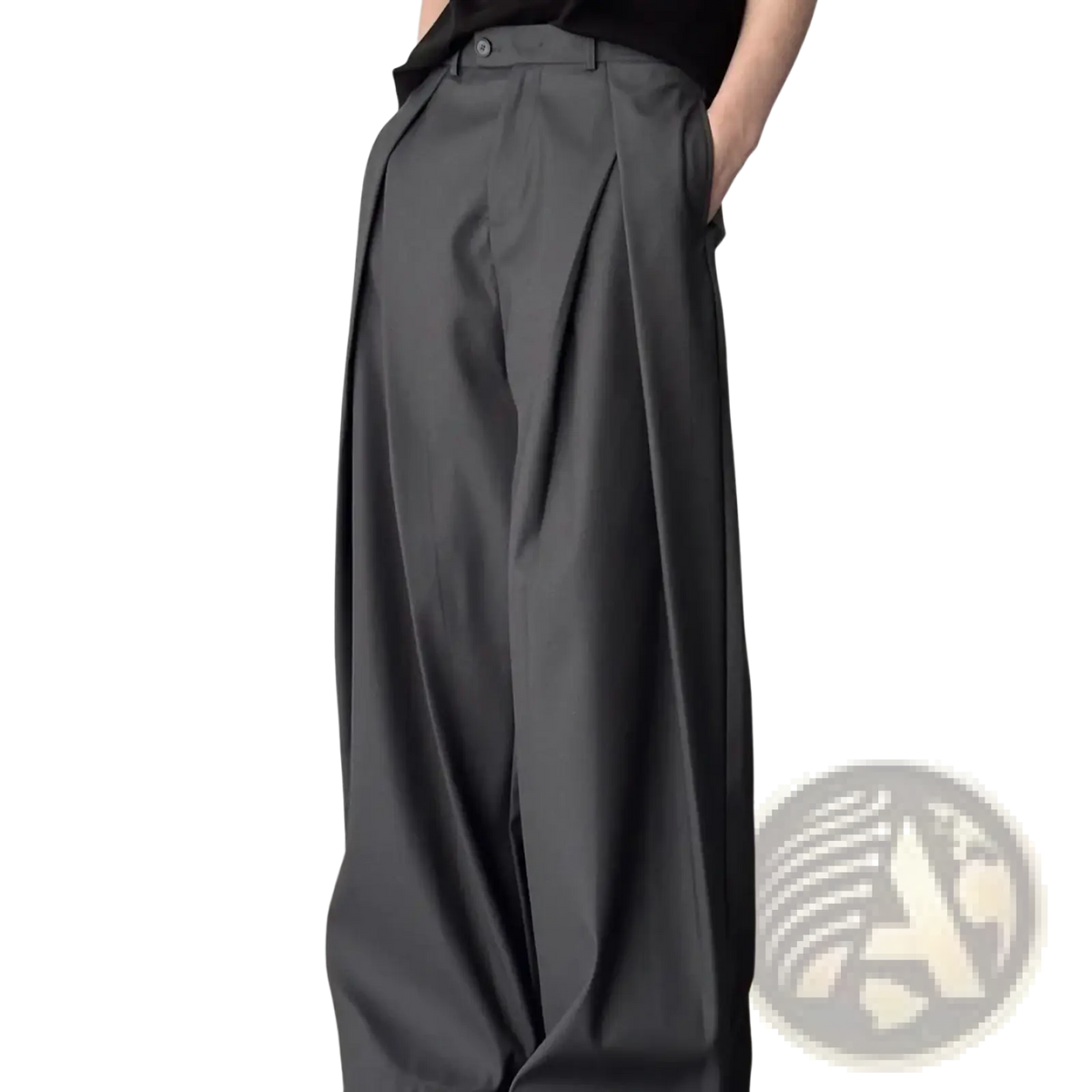 Men dark gray pleated wide leg suit pants with a sleek tailored design and subtle waist pleats in a formal style