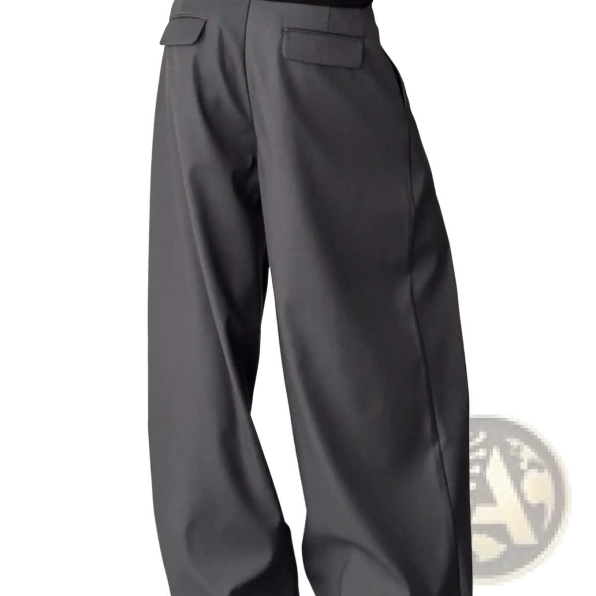 Men dark gray pleated wide leg suit pants shown from the back with a sleek tailored fit and subtle pleats