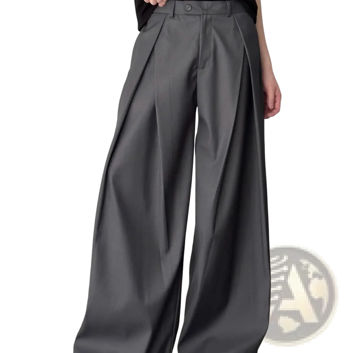 Men dark gray pleated wide leg suit pants featuring gray pleated wide-leg trousers with a sleek tailored fit