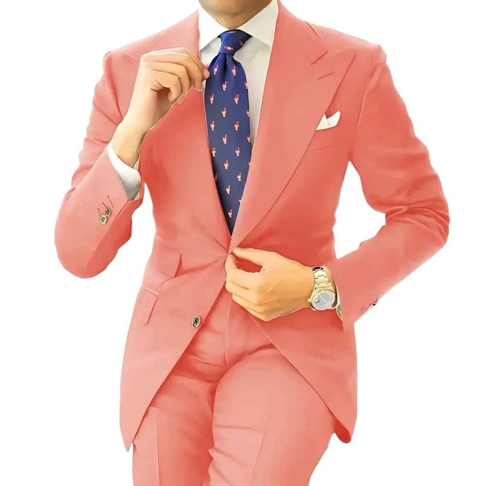 Men dark gray tailored suit tuxedo blazer jacket paired with coral pink tailored suit and white dress shirt