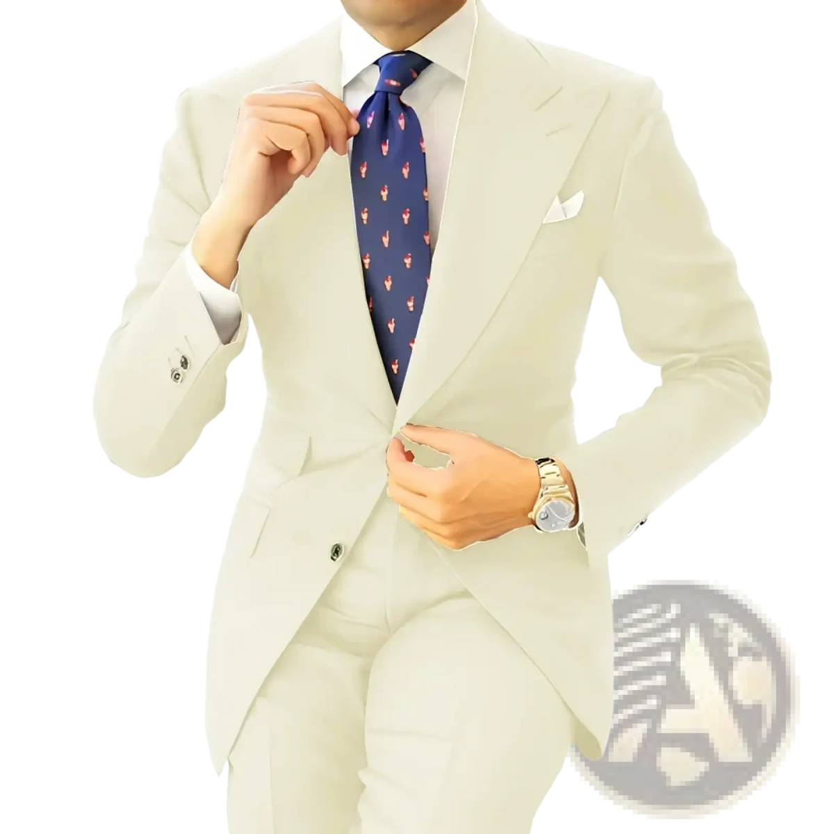 Men dark gray tailored suit tuxedo blazer jacket paired with navy blue tie featuring pink flamingo pattern