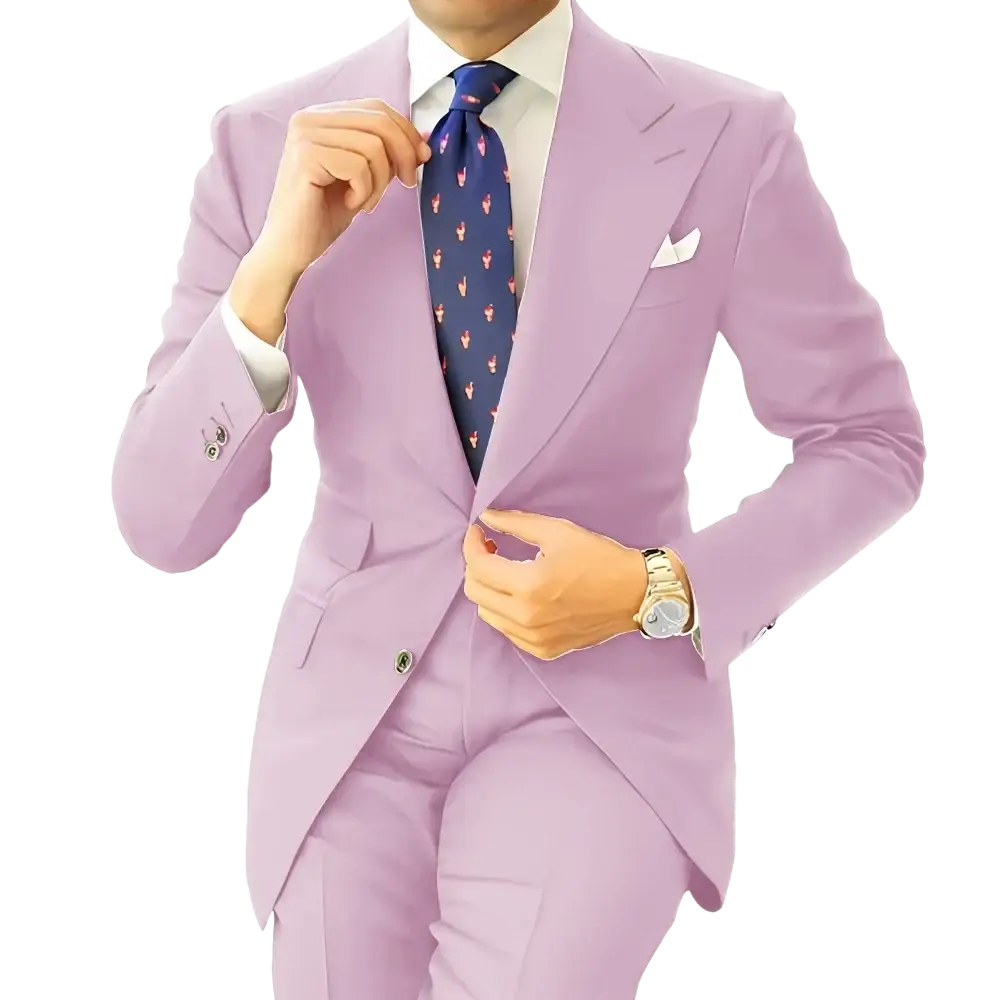Men dark gray tailored suit tuxedo blazer jacket with notched lapel paired with white dress shirt and lavender trousers