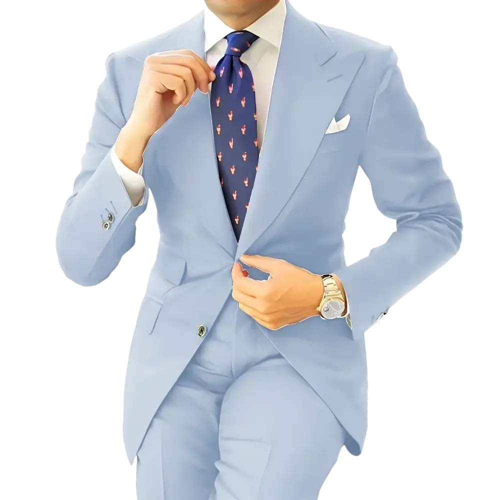 Men dark gray tailored wool tuxedo blazer jacket paired with a light blue wool suit white dress shirt and navy flamingo tie