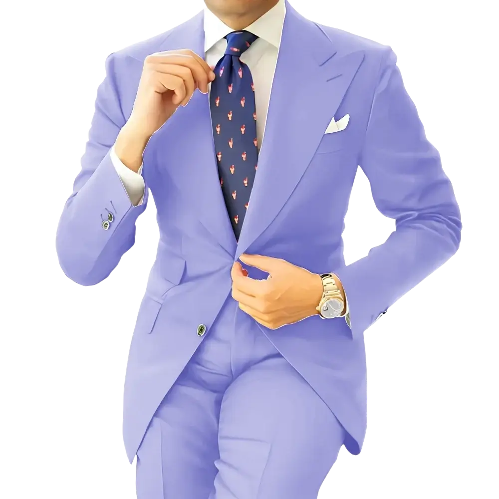 A man wearing a light purple suit with a white shirt and navy tie showcasing a men dark gray tailored tuxedo blazer jacket