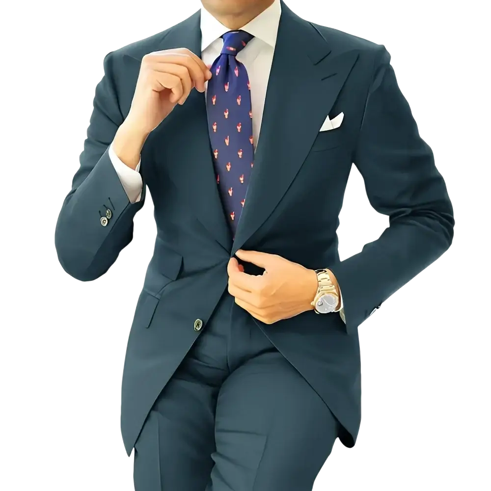 Navy blue tailored suit with matching trousers and white pocket square in men dark gray tailored tuxedo blazer jacket