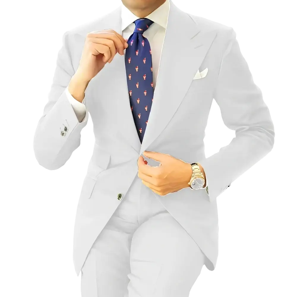 Men dark gray tailored suit tuxedo blazer jacket paired with navy blue tie featuring pink flamingo pattern