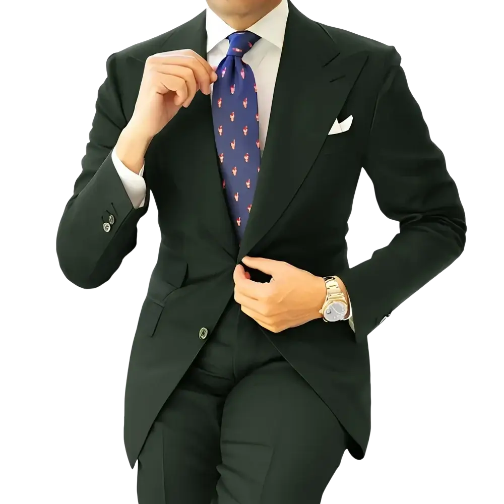 Men dark gray tailored suit tuxedo blazer jacket paired with a navy blue tie featuring subtle pink flamingo pattern