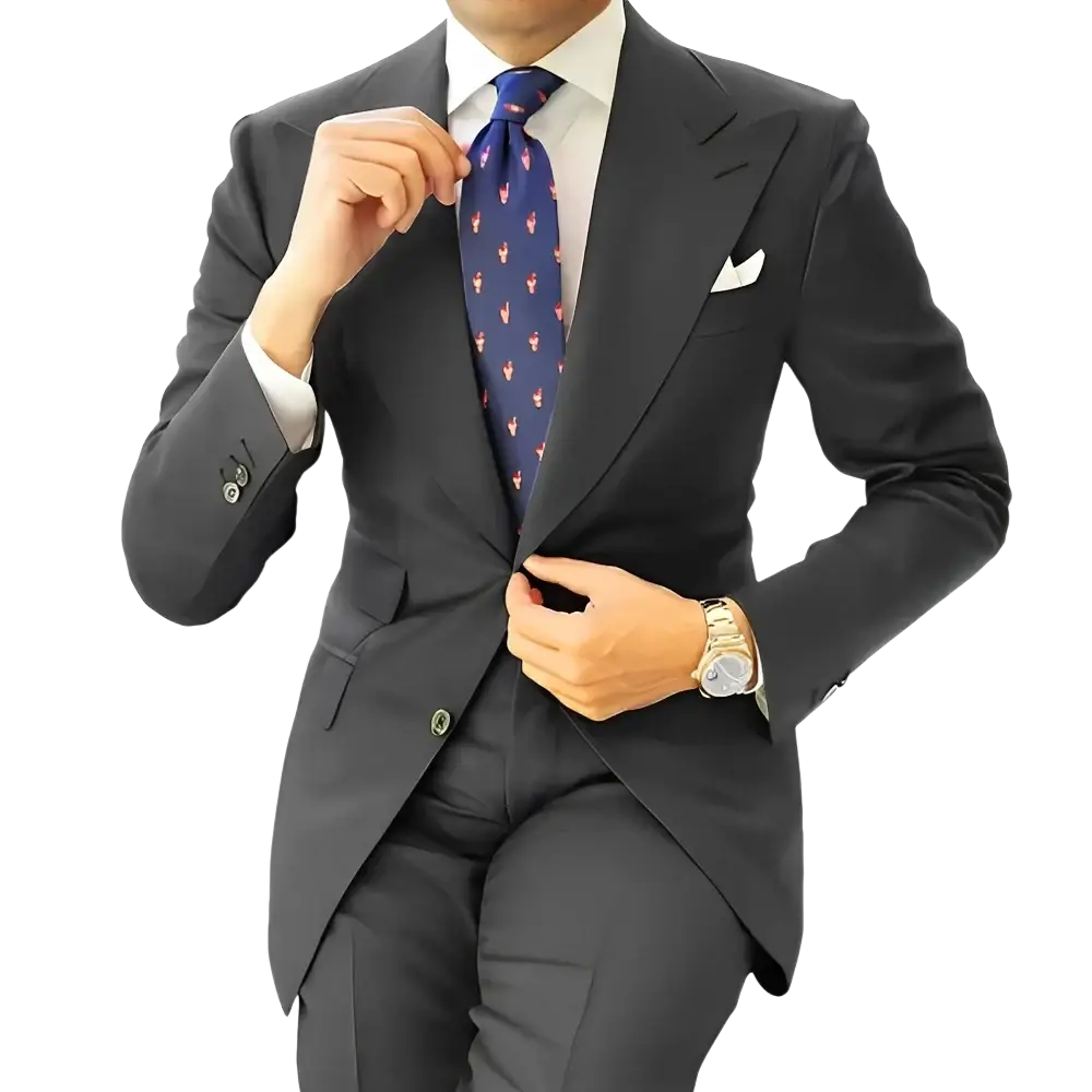 Men dark gray tailored suit tuxedo blazer jacket featuring a navy blue tie with a subtle pink flamingo pattern