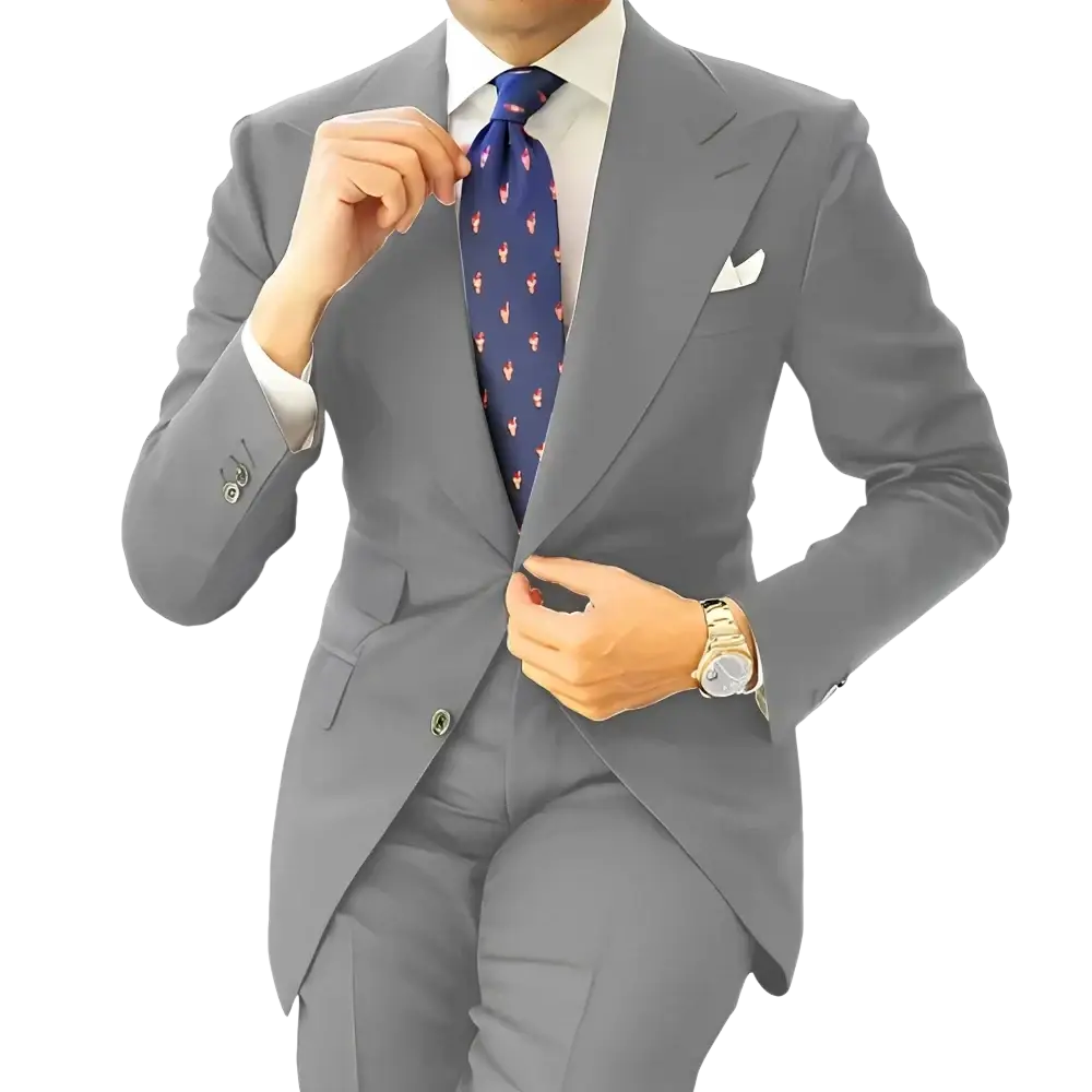 Men dark gray tailored suit tuxedo blazer jacket paired with a navy blue tie featuring pink flamingos pattern