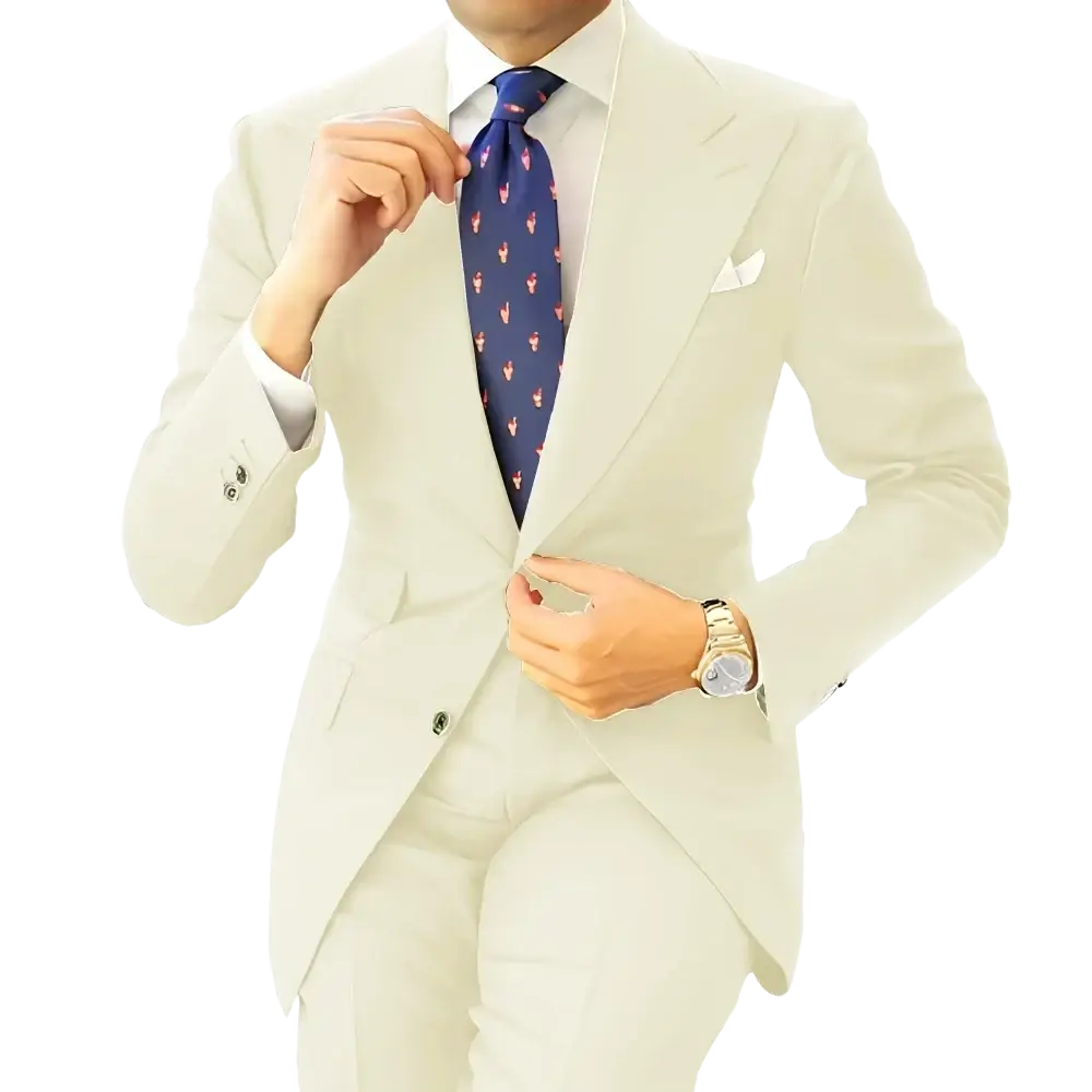 Men dark gray tailored suit tuxedo blazer jacket paired with navy blue tie featuring pink flamingo pattern
