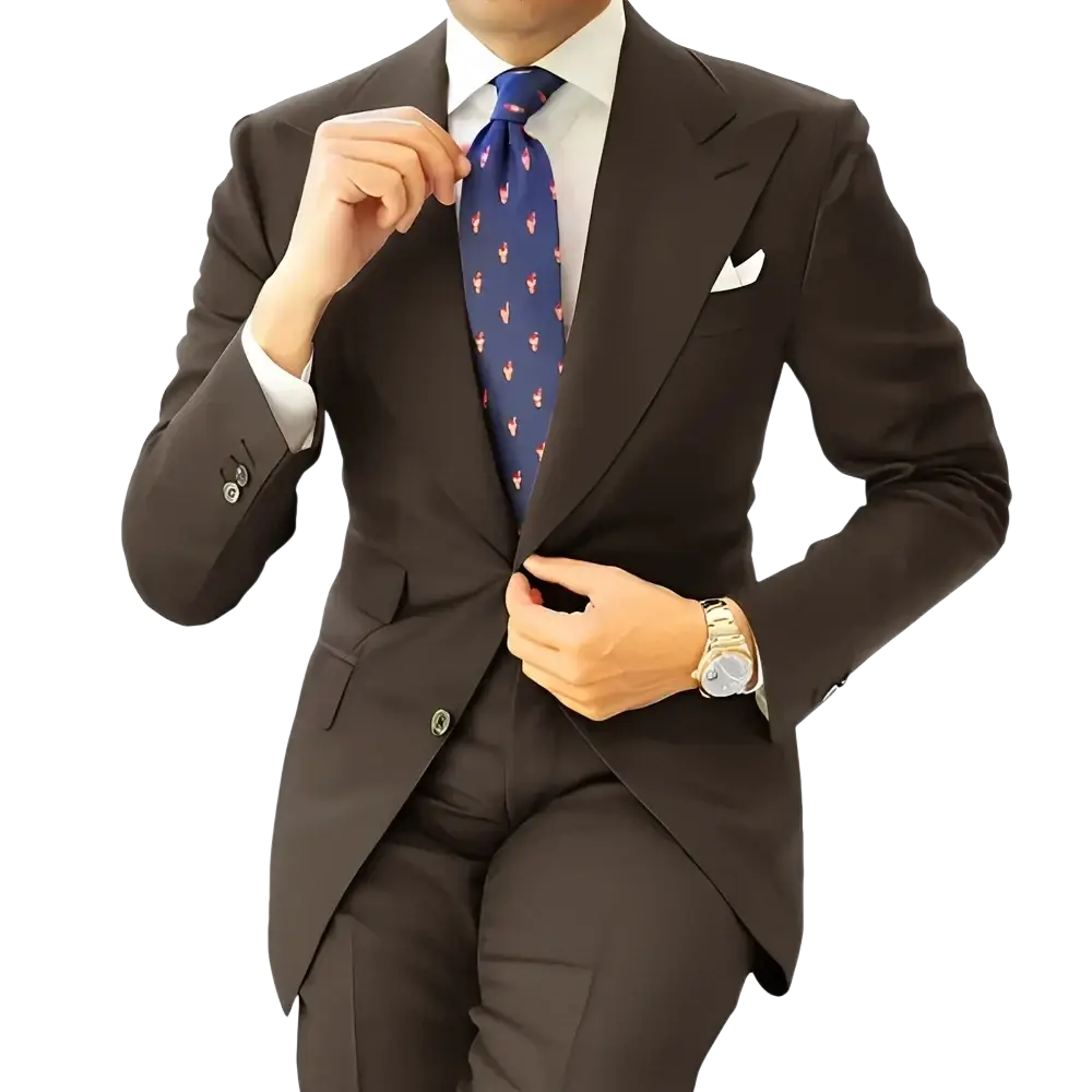 Men dark gray tailored suit tuxedo blazer jacket styled with a navy blue tie featuring subtle pink flamingo pattern