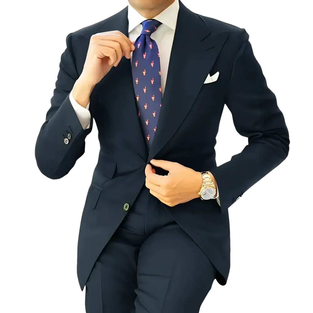 Men dark gray tailored wool suit tuxedo blazer with navy blue fabric white pocket square and patterned tie
