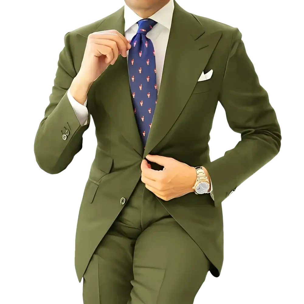 Men dark gray tailored suit tuxedo blazer jacket with olive green notched lapel and matching trousers
