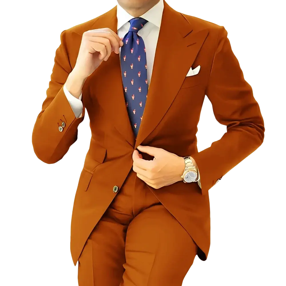 Men dark gray tailored tuxedo blazer jacket paired with rust-colored wool suit featuring notched lapel and white pocket square