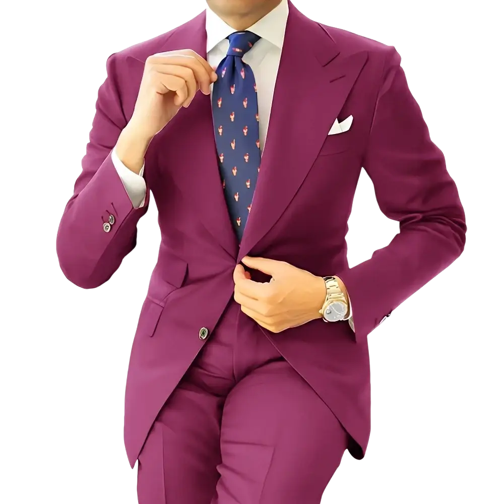 Men dark gray tailored tuxedo blazer jacket paired with vibrant magenta trousers featuring subtle button details