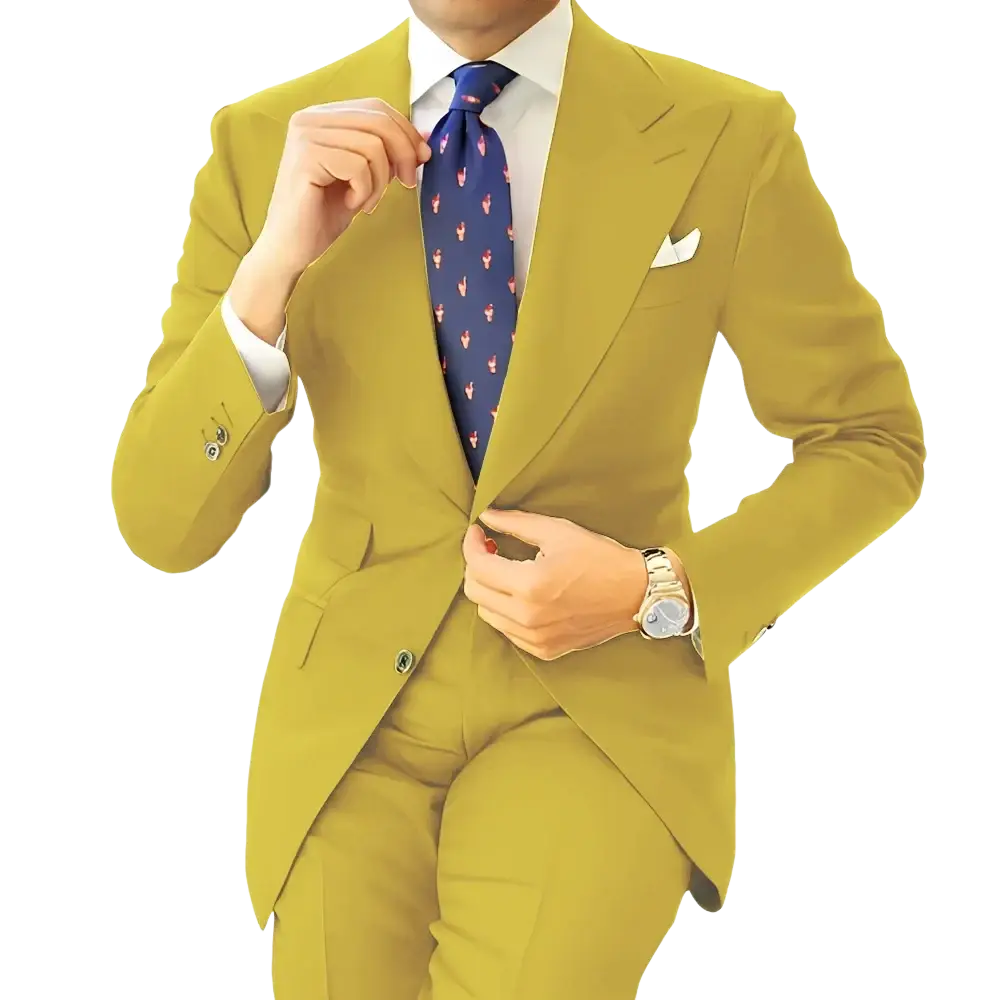 Men dark gray tailored suit tuxedo blazer jacket paired with a sharp mustard-yellow suit, white shirt, and navy blue flamingo tie