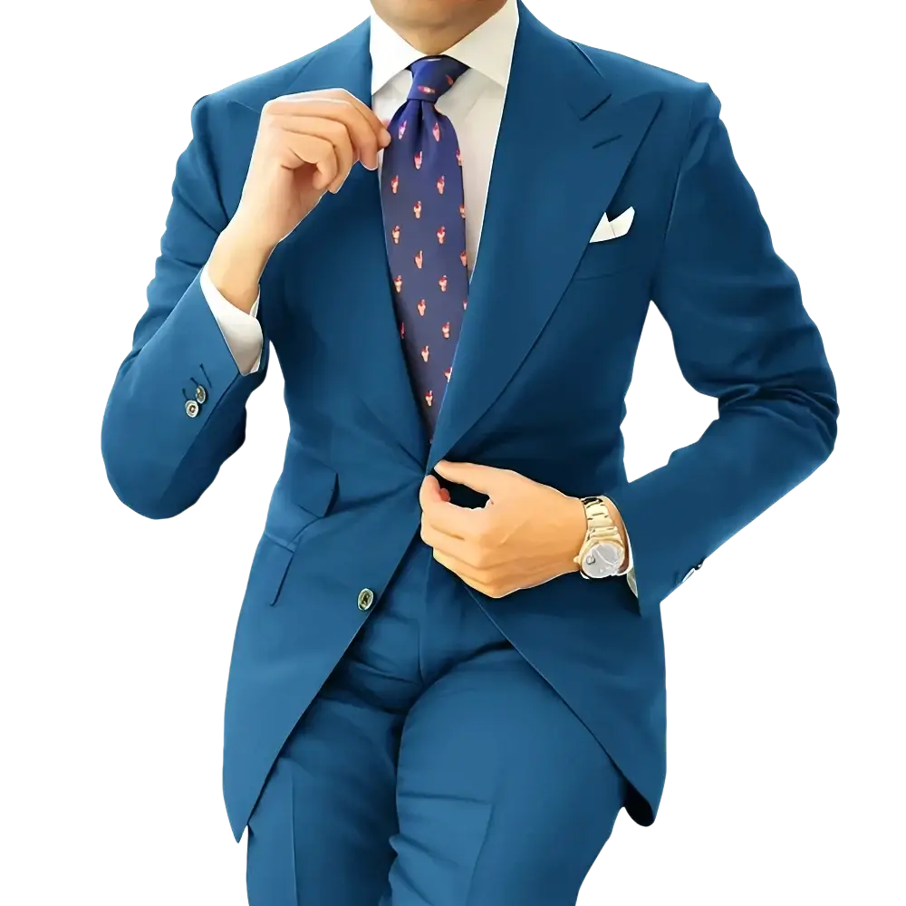 Men dark gray tailored suit tuxedo blazer jacket shown with a sharp navy blue suit, white dress shirt, and patterned tie