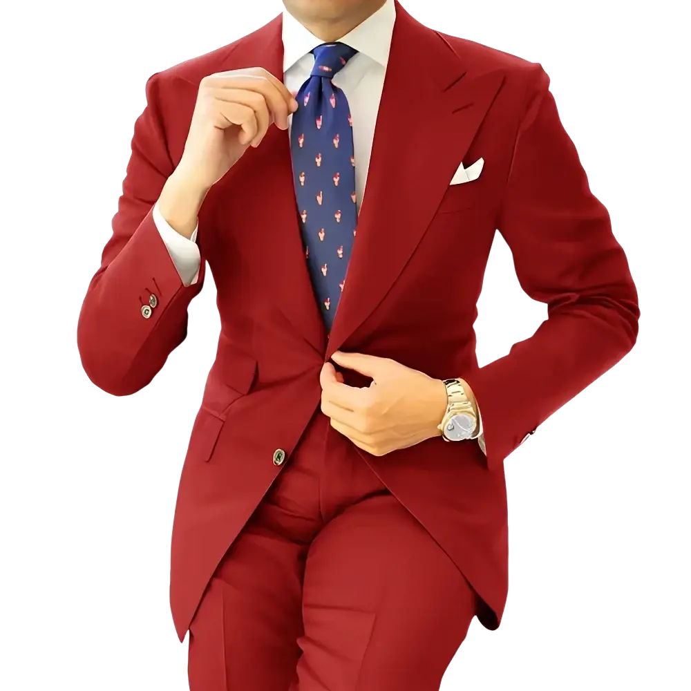 Men dark gray tailored tuxedo blazer jacket paired with a sharp red suit and silver-toned buttons