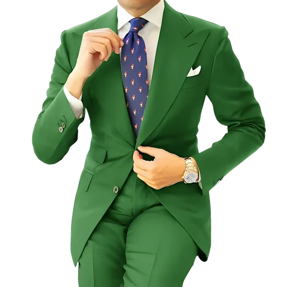 Men dark gray tailored suit tuxedo blazer jacket with sharp vibrant green tailored suit and matching trousers