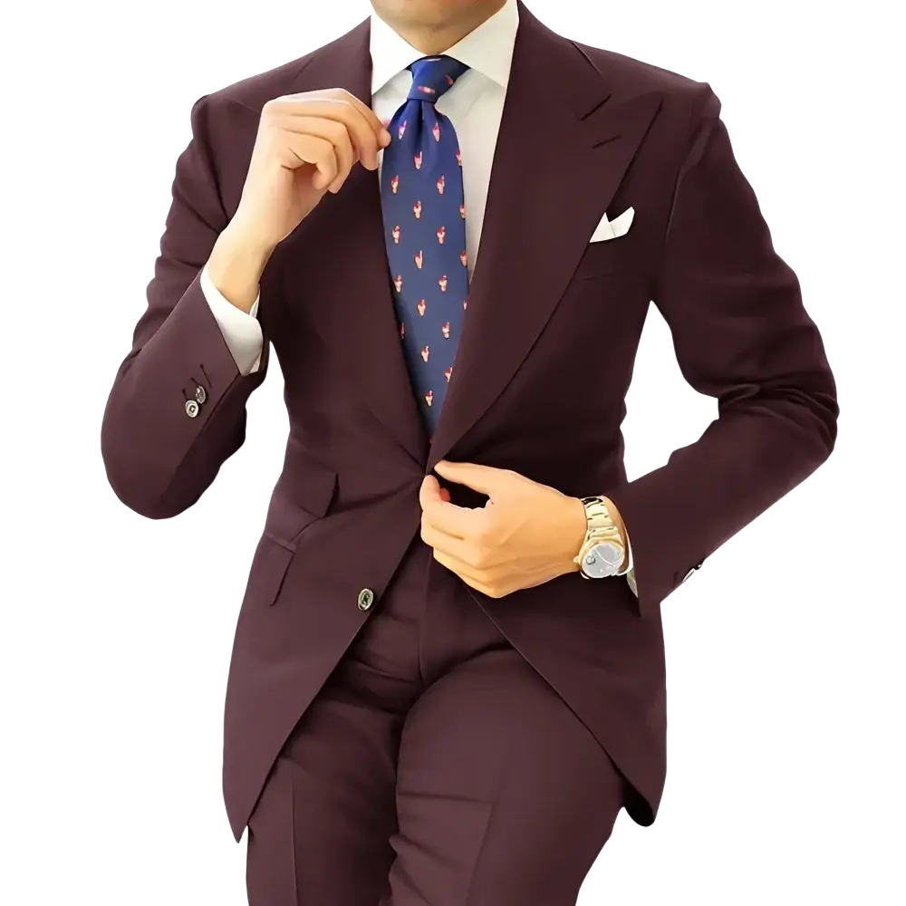Men dark gray tailored suit tuxedo blazer jacket with structured lapels and subtle stitching paired with matching trousers