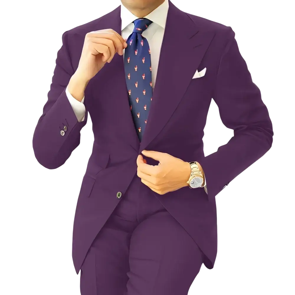 Men dark gray tailored suit tuxedo blazer jacket shown as a sharply tailored purple suit with matching vest and trousers