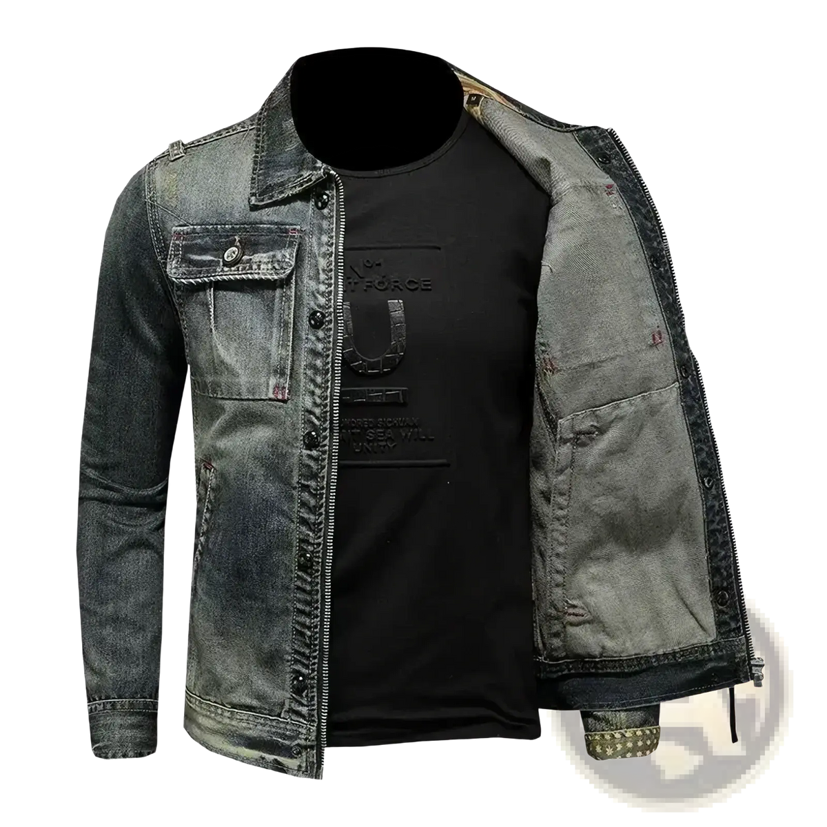 Men dark wash denim trucker jacket with classic collar button closures and two front pockets casual outerwear