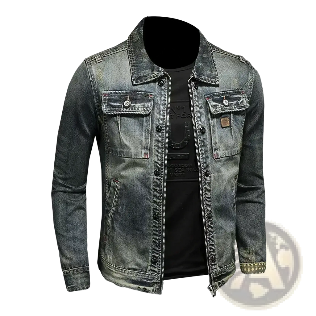 Men dark wash denim trucker jacket in distressed dark blue with zipper front button closures and studded cuffs